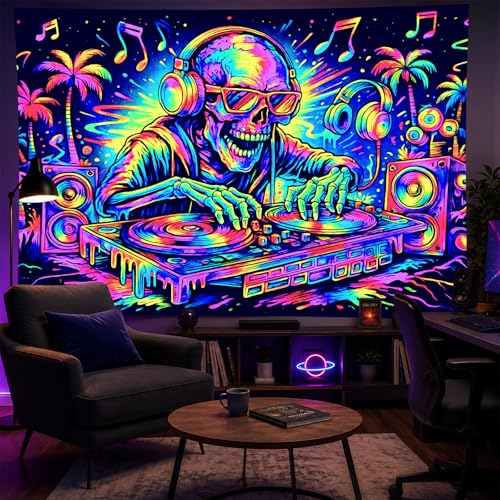 Blacklight Tapestry DJ Skeleton Wall Art 78 x 59 Inch