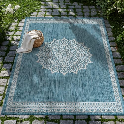 Outdoor Rug 10x14 Medallion Aqua Modern Large Area Rugs for Indoor and Outdoor Patios Kitchen and Hallway Mats Washable Porch Deck Outside Carpet (140 Sq Ft)