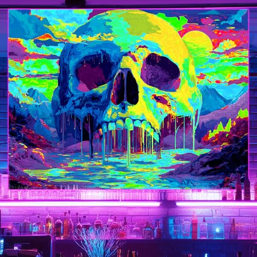 Blacklight Tapestry Melting Skull Neon Wall Art 78 x 59 Inch