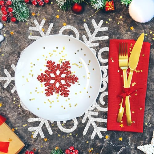 60Pcs Christmas Snowflake Paper Placemat Silver Glitter Snowflake Disposable Place Mat Winter Dining Table Mats for Xmas Birthday Party Kitchen (60 Count)