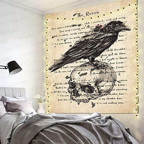 Raven Tapestry Gothic Skull and Raven Dictionary Tapestry Rustic Room Mural Posters 51x60 Inches for Living Room Bedroom Home Dorm
