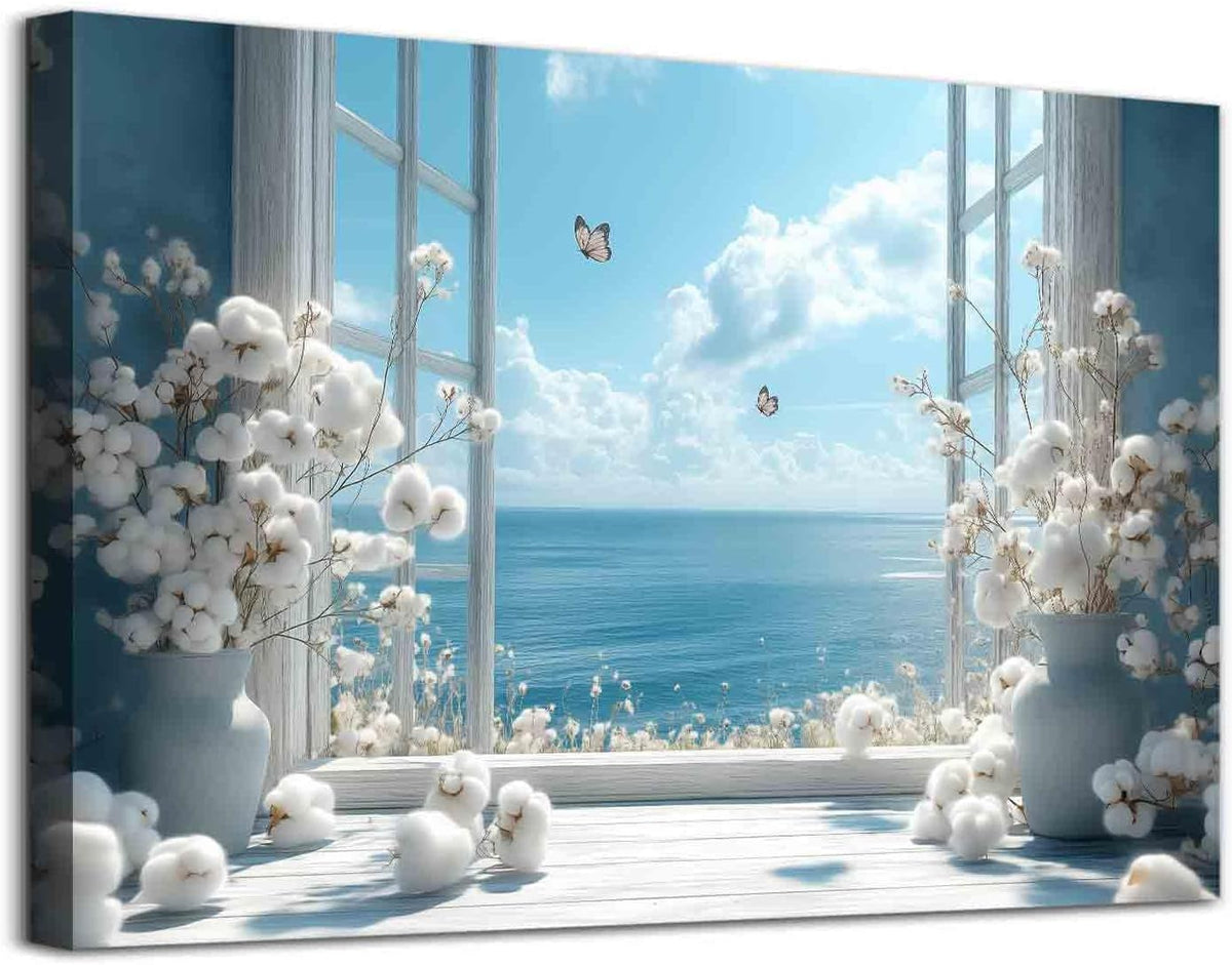 Open Window Canvas Wall Art Cotton Bouquet Wall Art White Flower Painting Blue Sea Picture Coastal Flower Painting Still Life Pictures Relaxing Living Room Decor 16x24inch No Frame