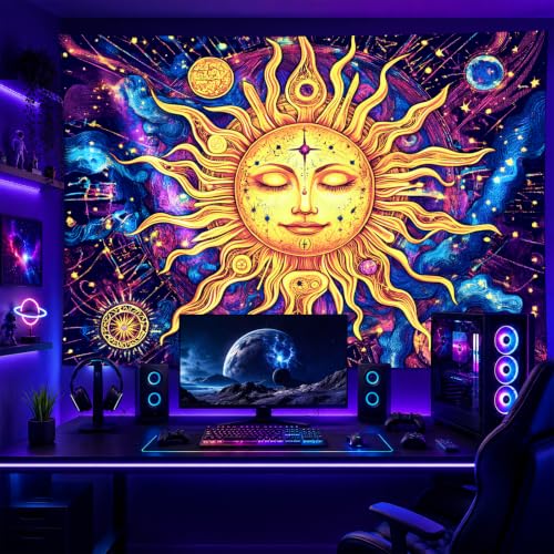 Blacklight Sun Tapestry 78 x 59 Inch Bohemian Dorm Decor