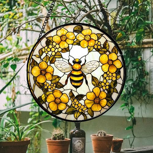 Bee Wreath Stained Glass Window Hanging Suncatcher Gifts for Women 7.8"