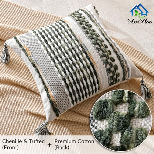 Chenille Striped Textured Boho Throw Pillow Covers Aesthetic with Tassels Woven Decorative Pillow Case for Couch Bed Sofa Bedroom Modern Funky 18 x 18