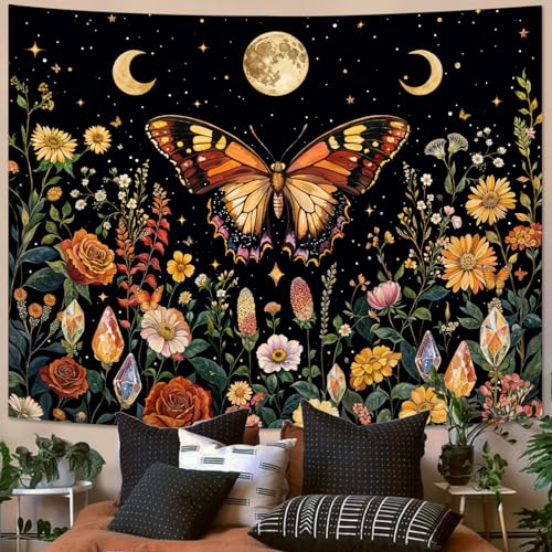 Boho Butterfly Tapestry Flower Moon Wall Tapestry