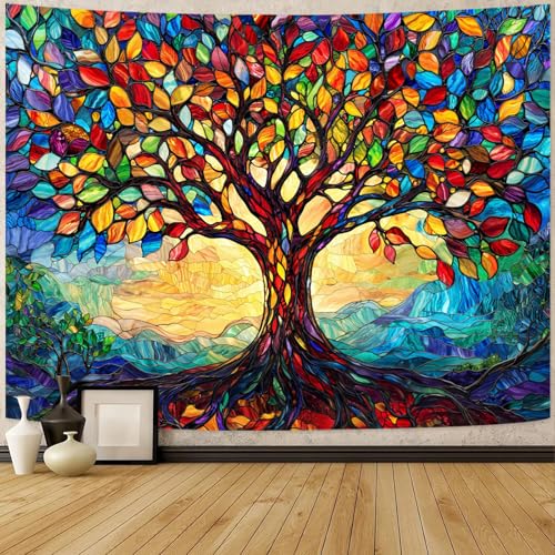 Tree of Life Tapestry Stained Glass Tapestry Wall Decor Tapestries for Bedroom Art Tapestries Wall Hanging for Bedroom Living Room Glass