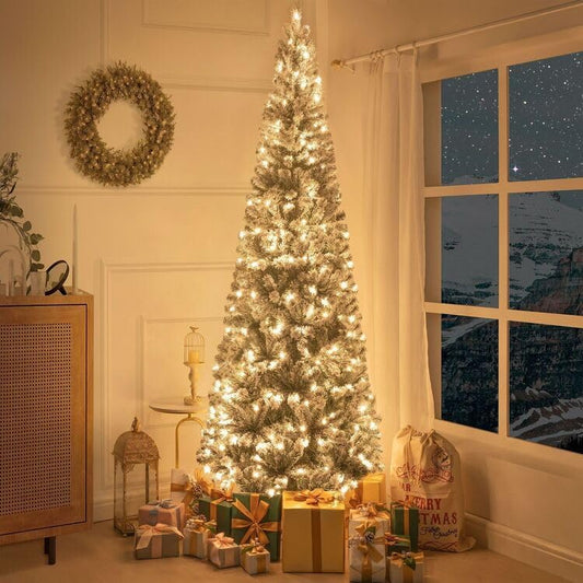 9ft Slim Snow Flocked Christmas Tree with Lights