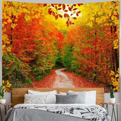 Autumn Forest Tapestry Nature Fall Tree Thanksgiving Tapestry for Bedroom Aesthetic Autumn Path Yellow Red Fallen Leaves Landscape Tapestries Wall Hanging for Living Room Dorm 80 x 60 Inch