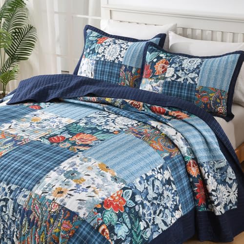 Cotton Bedspread Luxury Vintage Floral Patchwork Blue Bedding Quilt Set