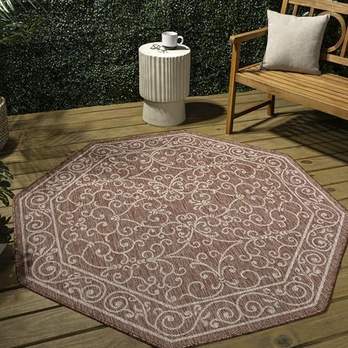 Vintage Filigree Indoor Outdoor Octagon Area Rug 8 Ft Red
