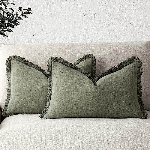 Boho Linen Fringe Lumbar Throw Pillow Covers 12×20 Olive Green (2 Count)