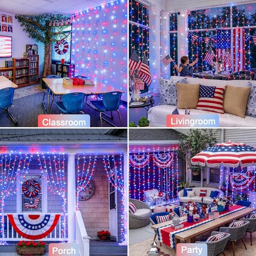 300LED Red White & Blue Curtain Lights for 4th of July (9.8 Foot)