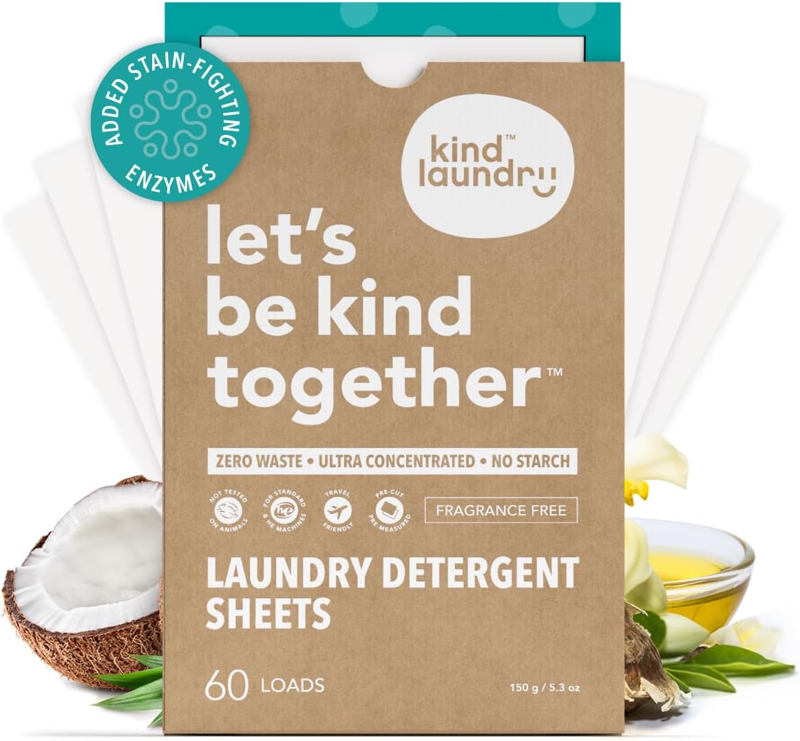 Kind Laundry Detergent Sheets with Stain-Fighting Enzymes - Plant Powered Eco-Friendly Laundry Soap Sheets - Home or Travel Laundry Detergent Fragrance Free, 60 Loads (Mom's Choice Award Winner) - HavenBliss Decor
