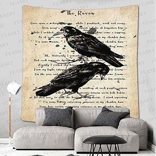 Raven Tapestry Gothic Skull and Raven Dictionary Tapestry Rustic Room Mural Posters 51x60 Inches for Living Room Bedroom Home Dorm