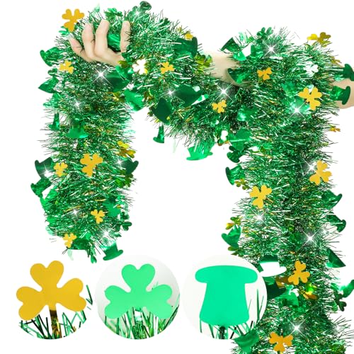 33 FT St Patricks Day Garland with Gold Green Shamrock Hat Tinsel Garland (33 Foot)