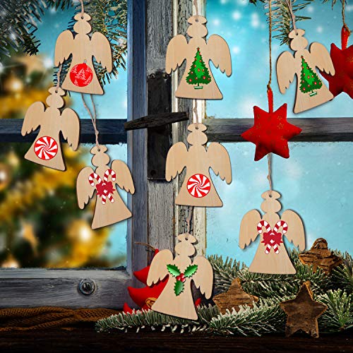 60 Pieces Christmas Wooden Ornaments 3.5" Round Wood Slices Snowflake Angel Shape with Cords for DIY Crafts New Year Christmas Tree Pendant Ornaments