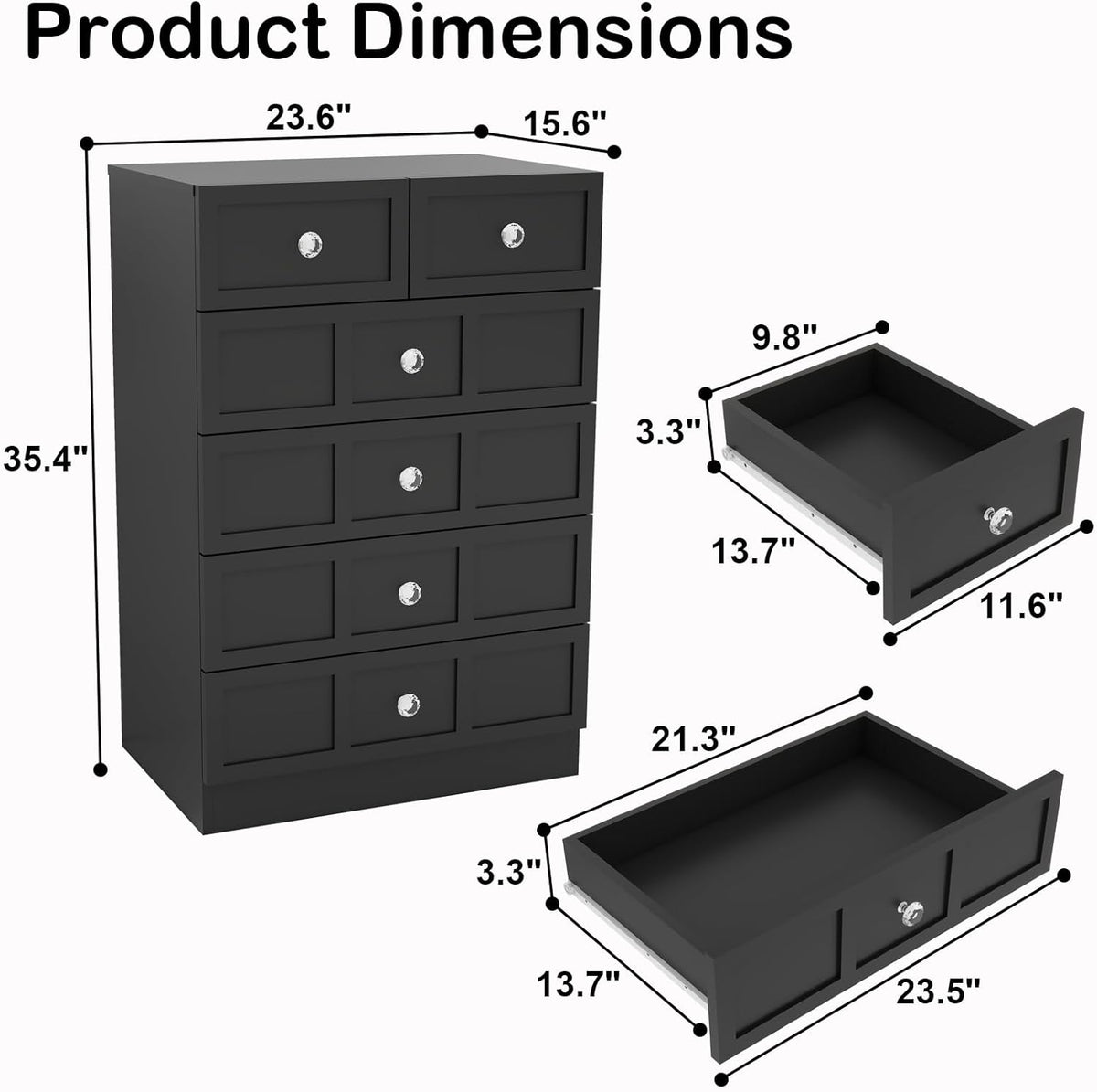 Wood Dresser for Bedroom 6 Drawer: 24" Black Chest of Drawers Wood, Modern Fluted Cabinet with Sturdy Storage, Wide Aesthetic Furniture for Room Organization