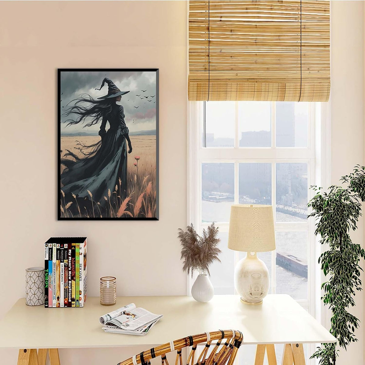 JFHCQJPK Gothic Decor Canvas Wall Art Witch in Rice Field Halloween Art Decor Print Nature Print Victorian Home Bedroom12x16in Metal blackFramed