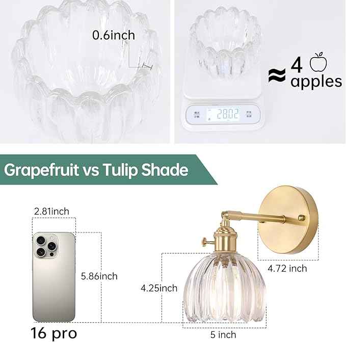 Vintage Wall Sconces with Transparent Tulip Glass Lampshade 180 Degree Adjustable Brass Sconces Hradwired Modern Wall Lighting Fixture with Switch for Bedside Bedroom Doorway