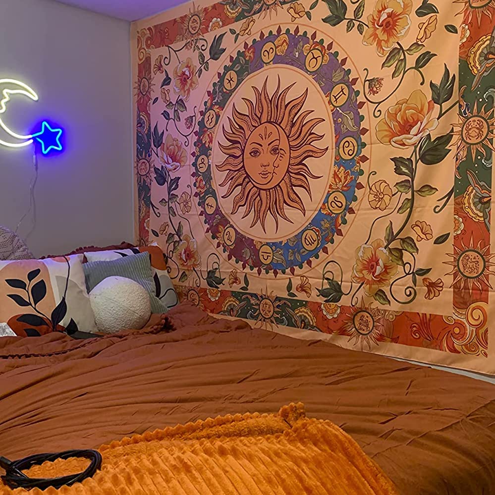 Yellow Sun and Moon Tapestry Indie Tapestries Boho Orange Flower Floral Tapestry Wall Hanging Cool Vintage Aesthetic Wall Tapestry for Bedroom Living Room Dorm