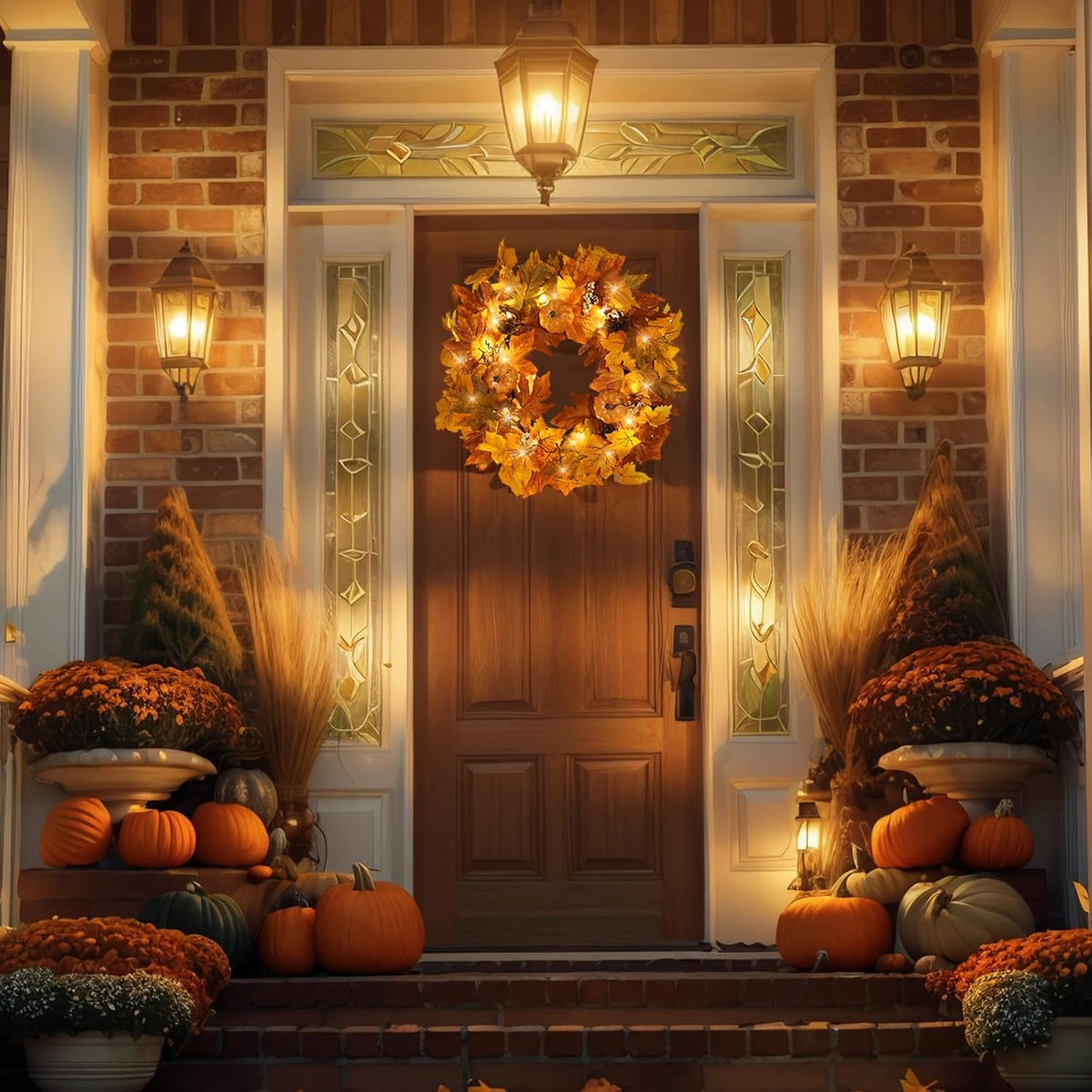 Fall Wreaths for Front Door Outside Autumn Wreath with Lights Berries Pine Cones Fall Decorations for Home Decor Pumpkin Wreath for Farmhouse Holiday Thanksgiving Harvest Halloween Outdoor