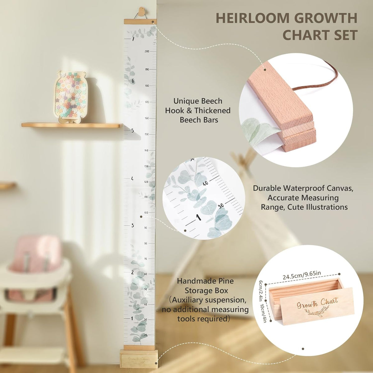 Growth Chart for Wall 7 Ft Height Chart with Keepsake Box & Hook Waterproof Canvas Measure Wall Ruler Removable Neutral Nursery Wall Decor for Baby Kids Toddlers - HavenBliss Decor