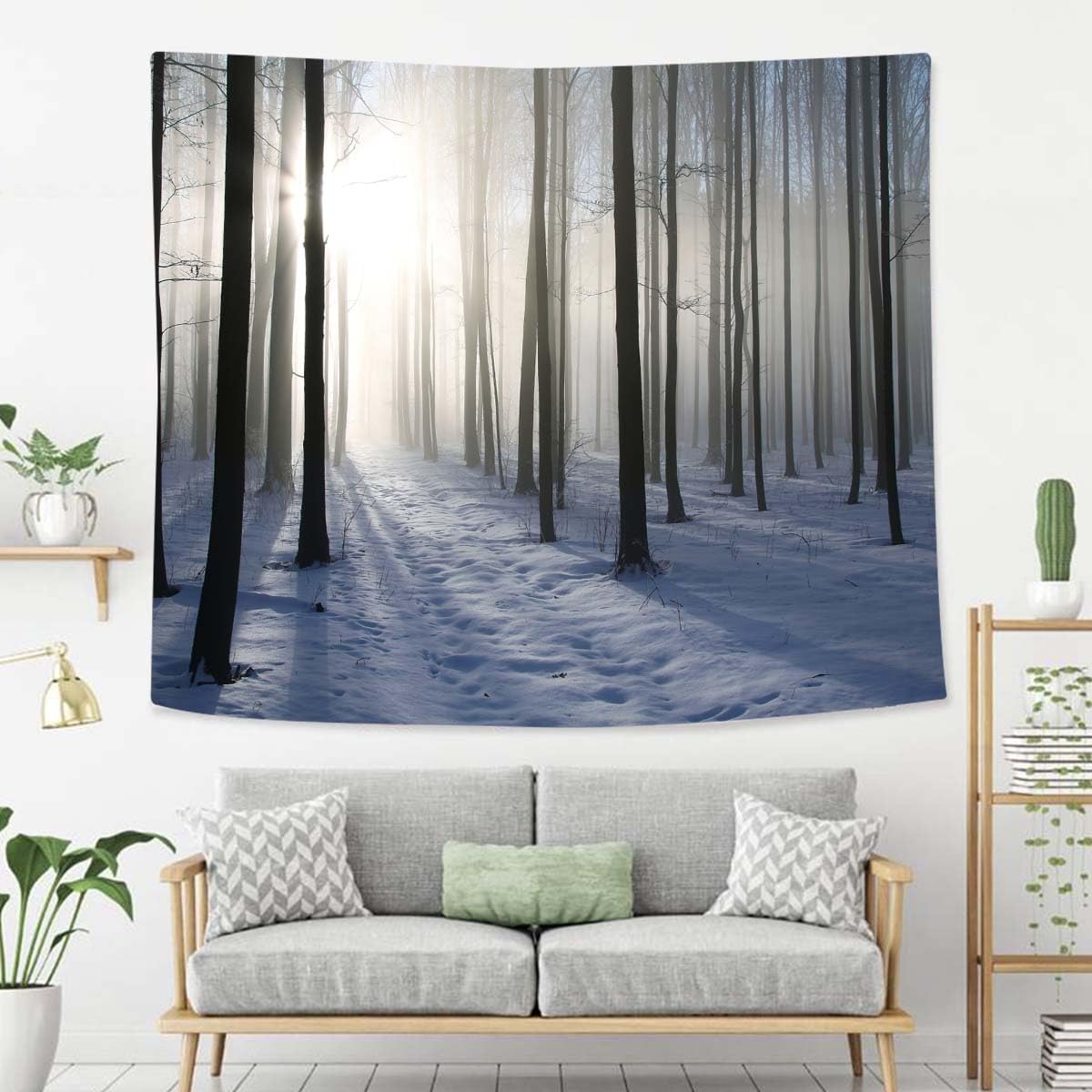 Winter Tapestry For Bedroom Path In Winter Forest On A Misty Morning Tapestries Wall Hanging For Living Room Dorm Office 60×50 In - HavenBliss Decor