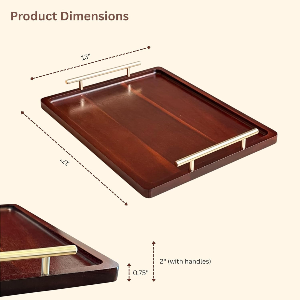 Acacia Wood Serving Tray – 17" x 13" Ottoman Tray with Metal Handles for Coffee Table, Breakfast, Snacks, Tea, Food – Decorative Wooden Tray for Kitchen, Living Room & Bedroom - HavenBliss Decor