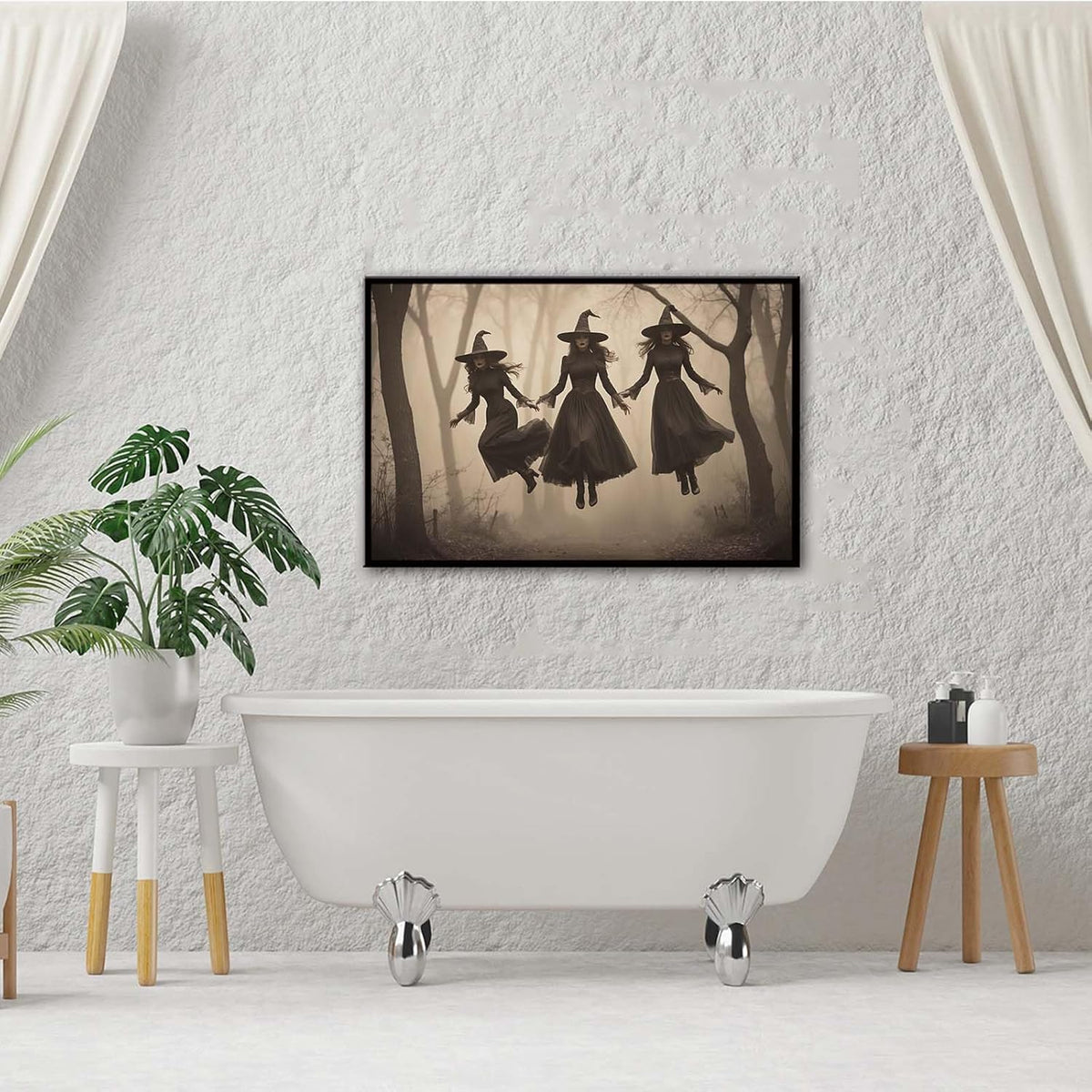 JFHCQJPK Three ghost witches flying in vintage forest gothic wall art witchcraft decoration holiday gift canvas wall art print24x36in Metal blackFramed