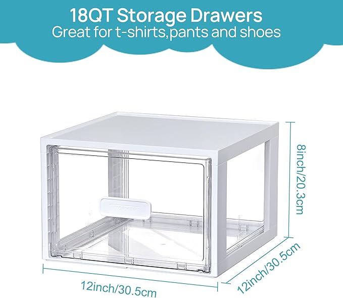 Vtopmart 4 Pack 18QT White Stackable Storage Drawers,Easily Assemble Closet Organizers,Plastic Storage Bins for Bathroom,Cabinet,Kitchen Pantry,Under Sink Organization(Medium)