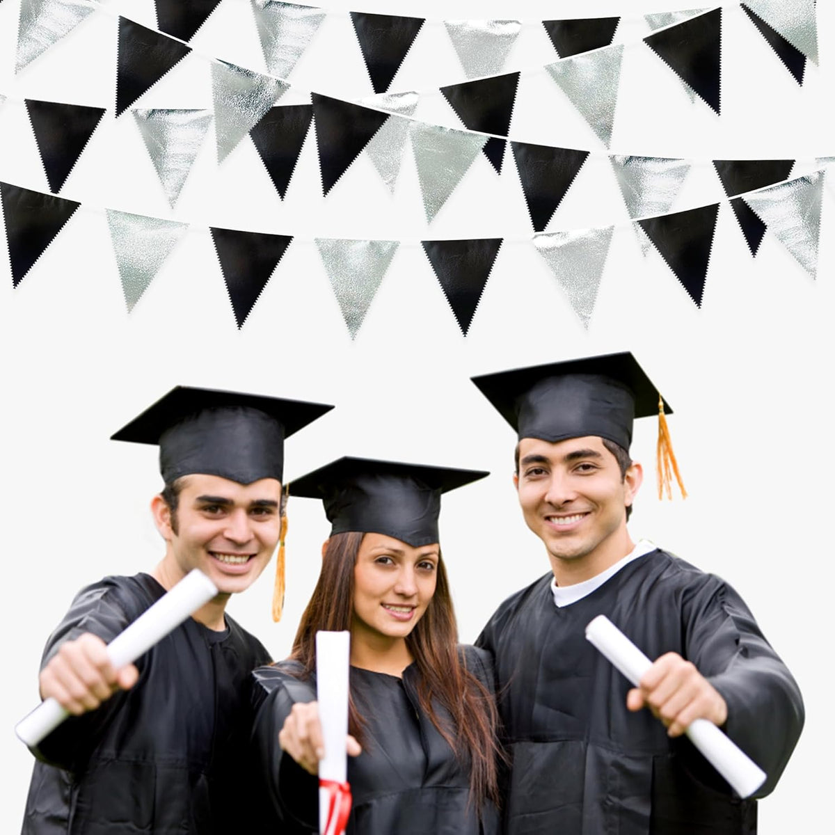 Black and Silver Party Decorations Triangle Pennant Banner Flag Metallic Fabric Bunting Garland for Birthday Graduation Retirement Wedding Bachelorette Bridal Shower Engagement Disco Party Supplies - HavenBliss Decor
