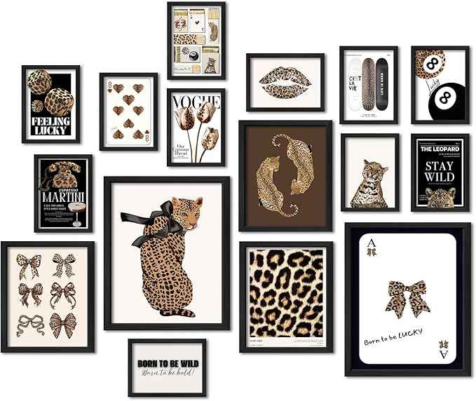 ANERZA 16 PCS Stockholm Style Room Decor, Cheetah Print Leopard Gallery Wall Art Prints Set for Bedroom, Preppy Posters for Living Room Aesthetic, Trendy Collage Kit Pictures, Funky Dorm Home Decor