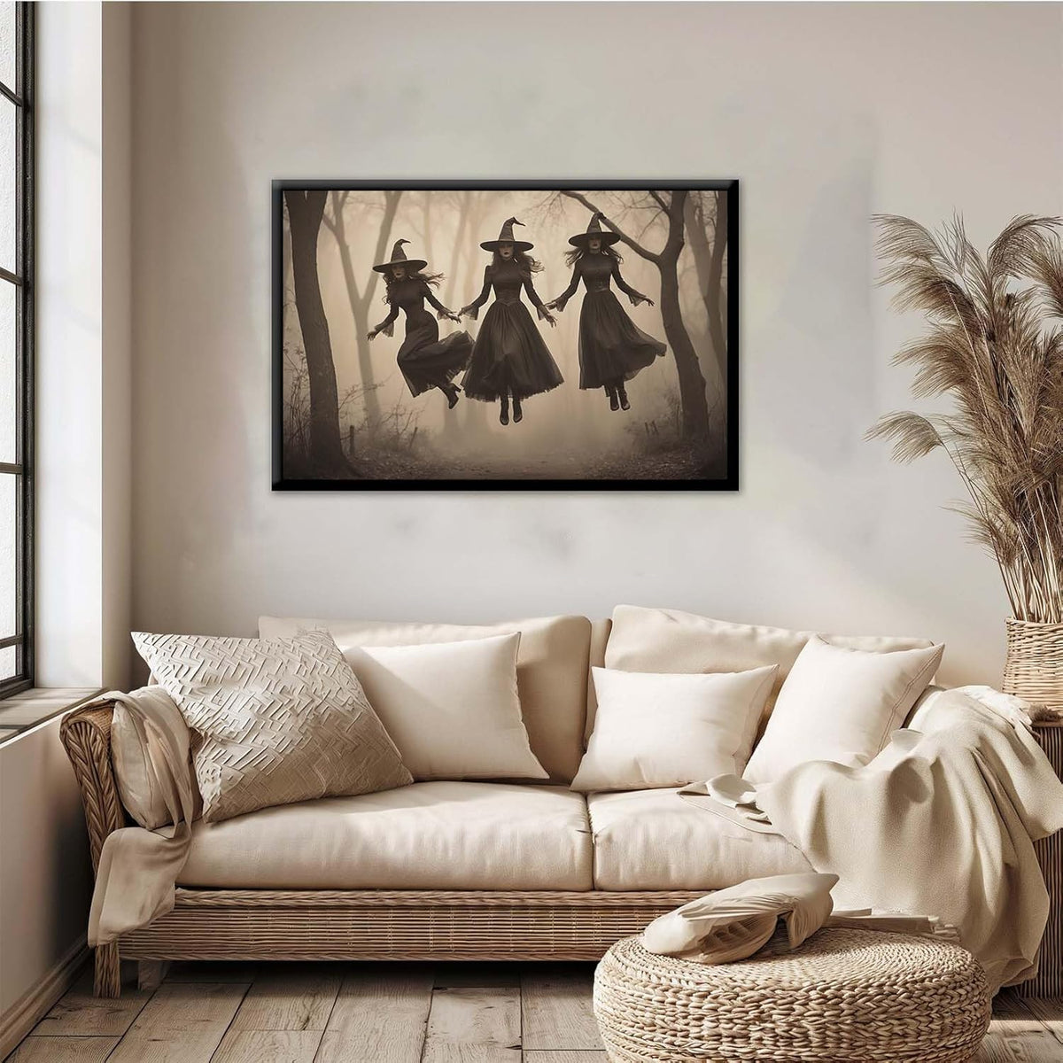 JFHCQJPK Three ghost witches flying in vintage forest gothic wall art witchcraft decoration holiday gift canvas wall art print12x16in Metal blackFramed
