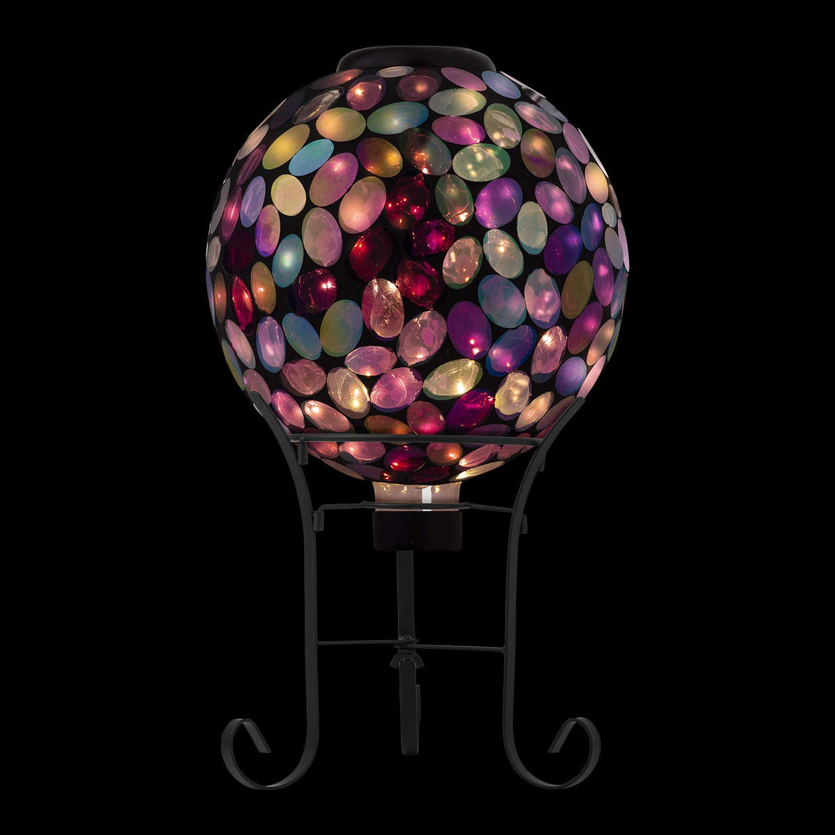 Outdoor Solar Powered Pink Glass Mosaic Gazing Globe with LED Lights and Metal Stand