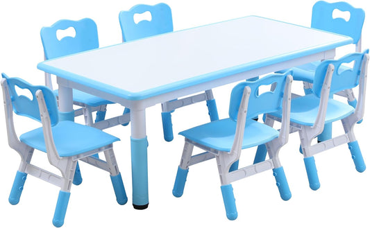Kids Table and 6 Chairs Set with Graffiti Desktop, Toddler Furniture Set, Non-Slip, Table Children Study Desk, Dining Table, Height Adjustable Desk, Painting Desktop for Kids (47.2x23.6Inch) - HavenBliss Decor
