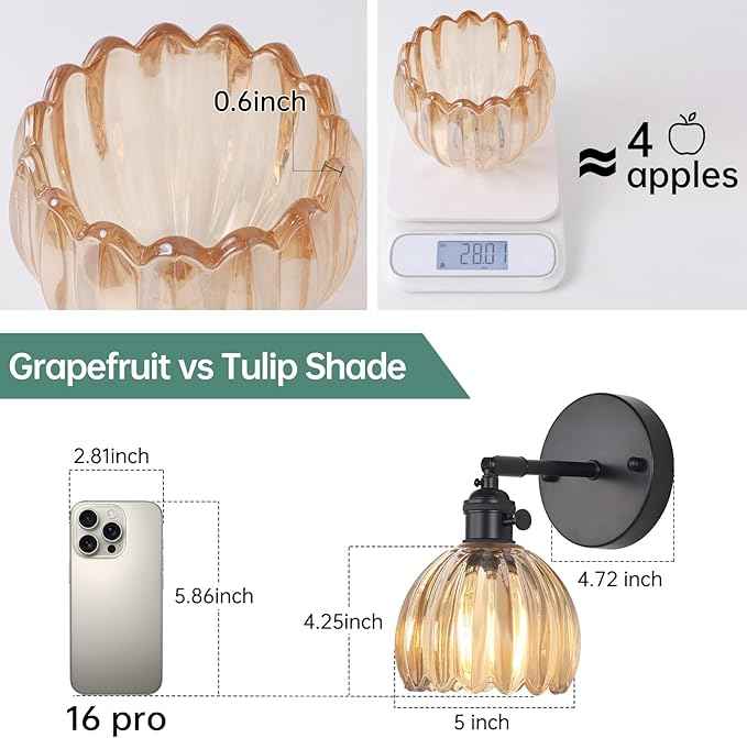 Vintage Wall Sconce with Amber Tulip Glass Lampshade 180 Degree Adjustable Black Sconce Hradwired Modern Wall Lighting Fixture with Switch for Bedside Bedroom Doorway
