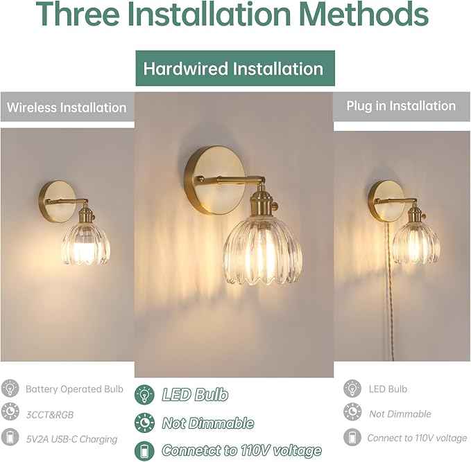 Vintage Wall Sconces with Transparent Tulip Glass Lampshade 180 Degree Adjustable Brass Sconces Hradwired Modern Wall Lighting Fixture with Switch for Bedside Bedroom Doorway
