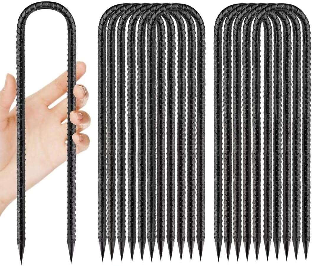 Rebar-Stakes-12-Inch, Ground Stakes Heavy Duty U-Hook Black Coated Anti-Rust Heavy Duty Ground Anchors for Garden Dog Fence Chicken Coop Christmas Decorations Deer Fence 12pcs - HavenBliss Decor