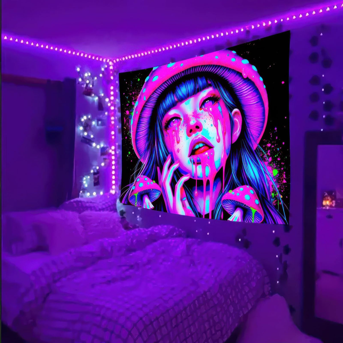 Blacklight Tapestry Girl 78x59 Inch Blacklight Mushroom Tapestry