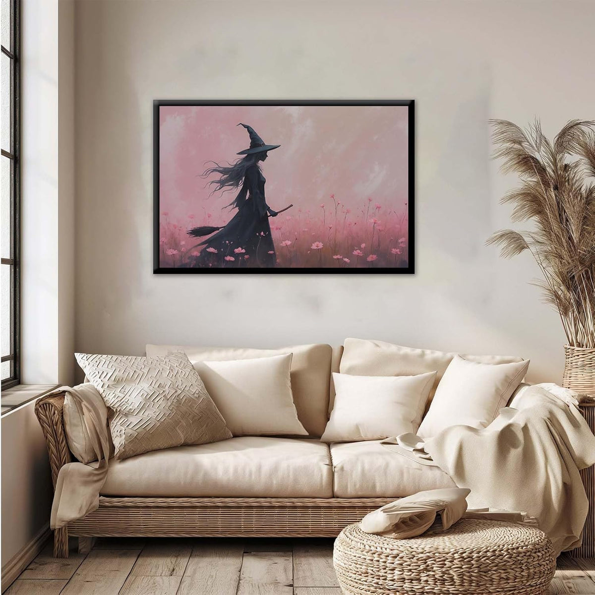 JFHCQJPK Witch in the pink sea of flowers Halloween prints weird flowers wall art silhouette painting fashionable romantic decoration suitable for bedroom16x24in Metal blackFramed