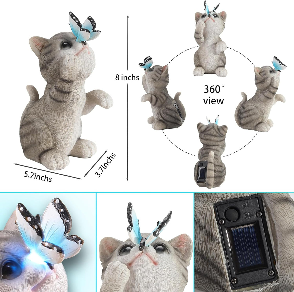 Cat Garden Statue Outdoor Solar Decorations Butterfly Light Figurine Color Changing LED Lights Resin Sculpture Art Decor Patio Lawn Yard Housewarming Gifts for Women Grandma Mom