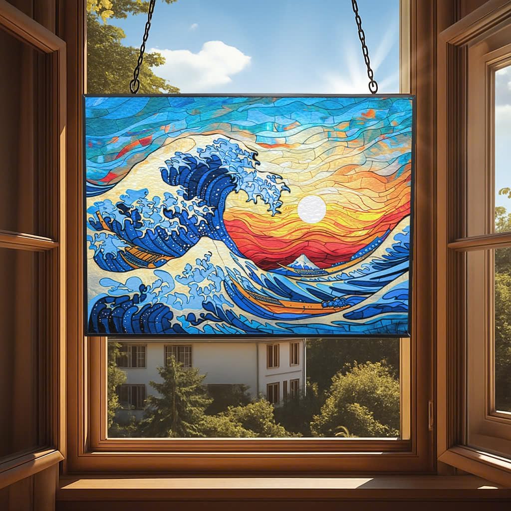 Rectangle Ocean Wave Suncatcher Stained Glass Window Hanging Handmade Stained Glass Suncatchers Metal Chain Outdoor Garden Decor Gift for Women Christmas Thanksgiving - HavenBliss Decor