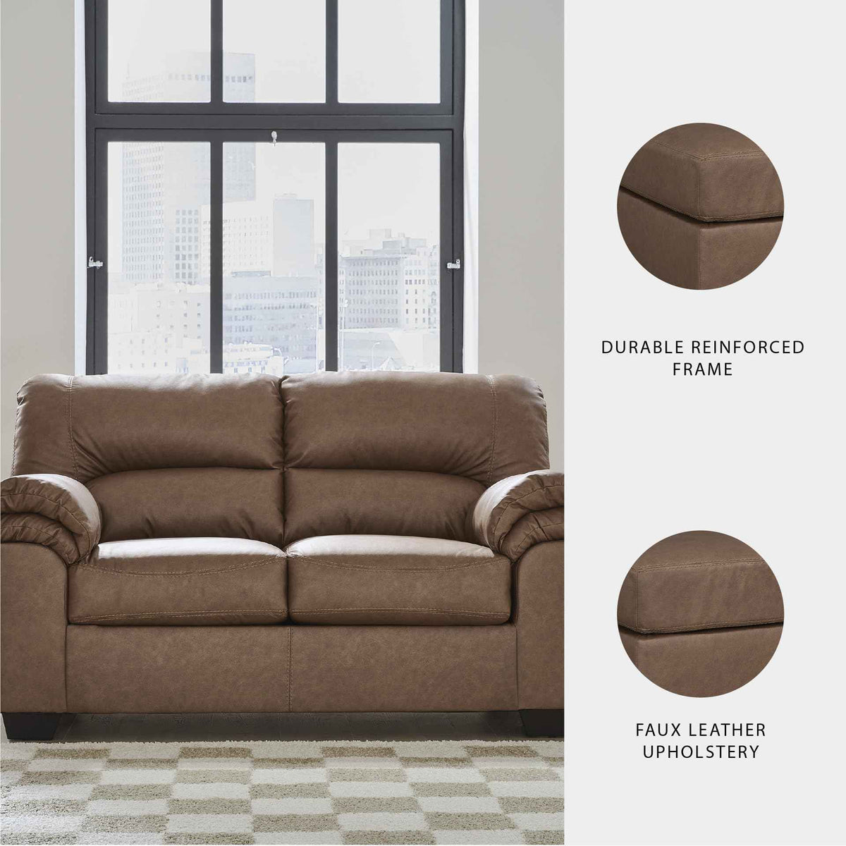 Faux Leather Caramel Brown Loveseat Sofa Couch