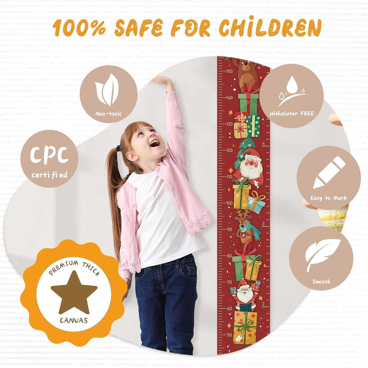 Personalized Name Growth Chart Wall Decor for Kids – Canvas Removable Height Chart Measuring Ruler 59" x 7.9" （Santa Claus Gifts） - HavenBliss Decor