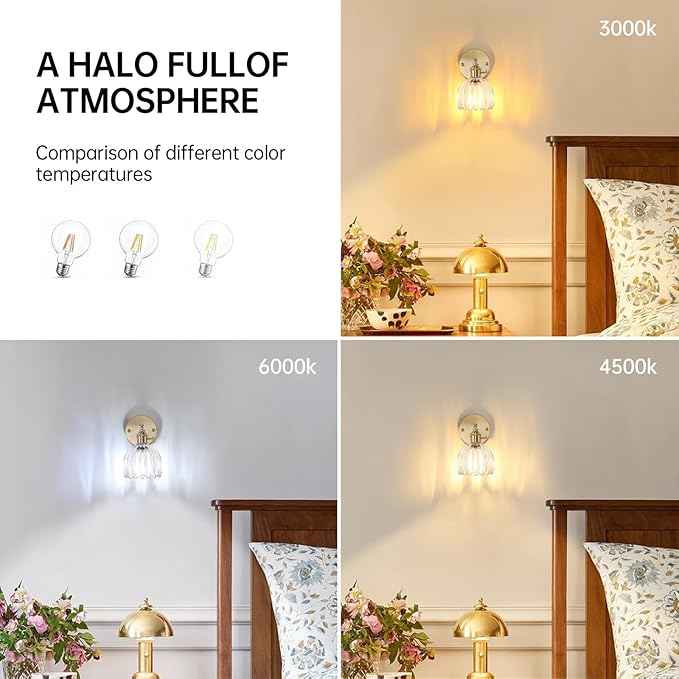Vintage Wall Sconces with Transparent Tulip Glass Lampshade 180 Degree Adjustable Brass Sconces Hradwired Modern Wall Lighting Fixture with Switch for Bedside Bedroom Doorway