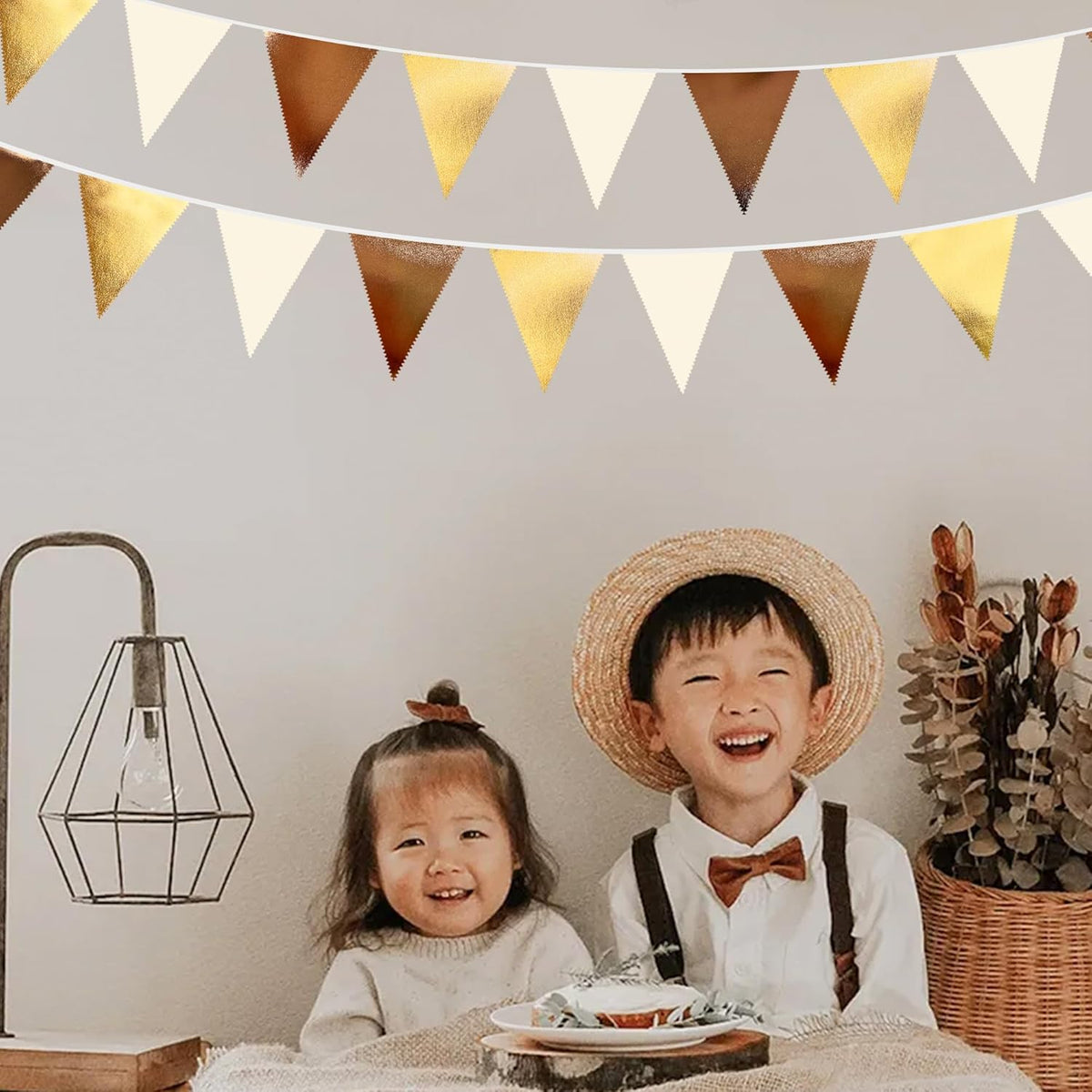 Brown Beige and Gold Party Decorations Fabric Triangle Pennant Banner Flag Bunting Garland for Boho Neutral Rustic Cowboy Western Teddy Bear Birthday Baby Shower Graduation Engagement Party Supplies - HavenBliss Decor