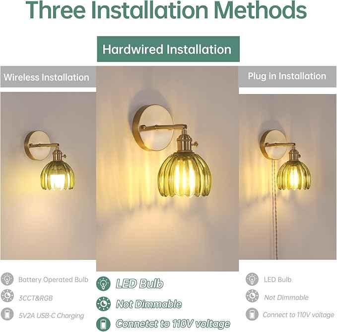 Vintage Wall Sconces with Green Tulip Glass Lampshade 180 Degree Adjustable Brass Sconces Hradwired Modern Wall Lighting Fixture with Switch for Bedside Bedroom Doorway