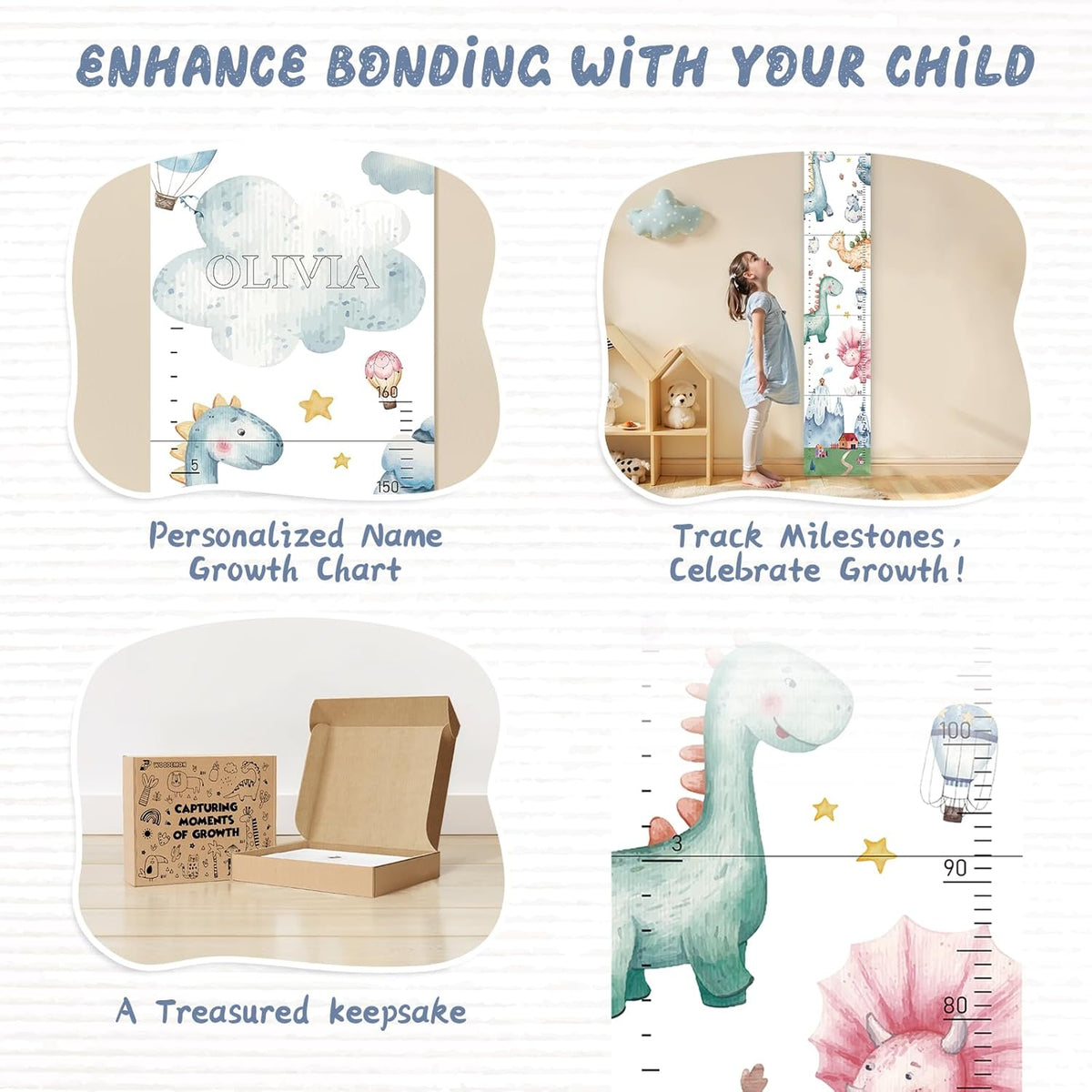 Personalized Name Growth Chart for Kids, Watercolor Dinosaur Height Measurement Chart for Children's Growth, Suitable for Both Boys and Girls, Removable and Easy to Store, Lightweight - HavenBliss Decor