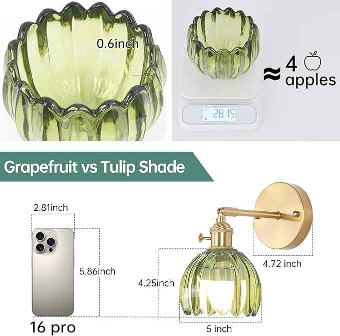 Vintage Battery Operated Wall Sconce with Green Tulip Glass Lampshade Rechargeable Battery Powered Wall Light with Remote Control for Bedside Bedroom Doorway